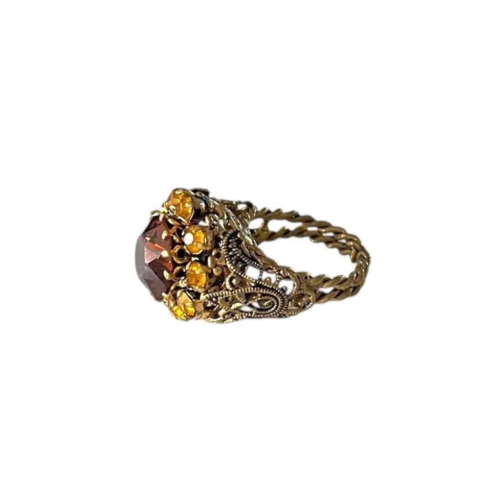 Vintage West Germany Amber Glass Brass Filigree Cocktail Ring